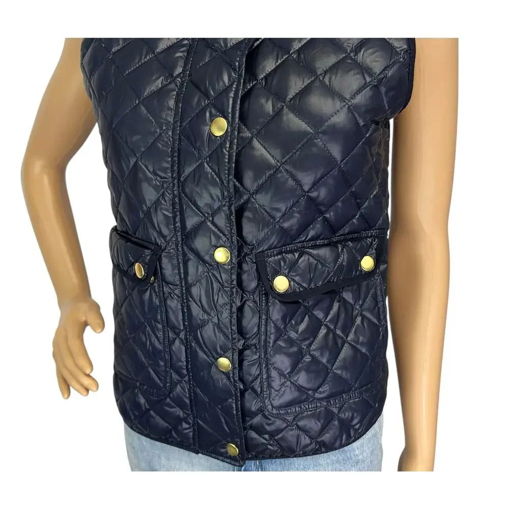 J. Crew Shiny Quilted Field Puffer Down Vest Navy Blue E1014 Petite Size PXS